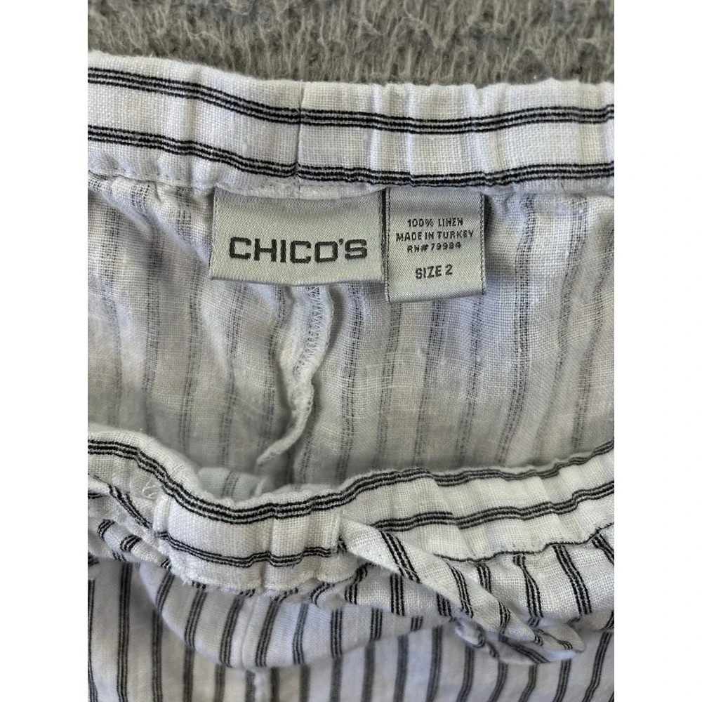 Chicos Linen Pants Womens 2/Large Striped White Black Pull-On Drawstring Beach‎ - Picture 5 of 10